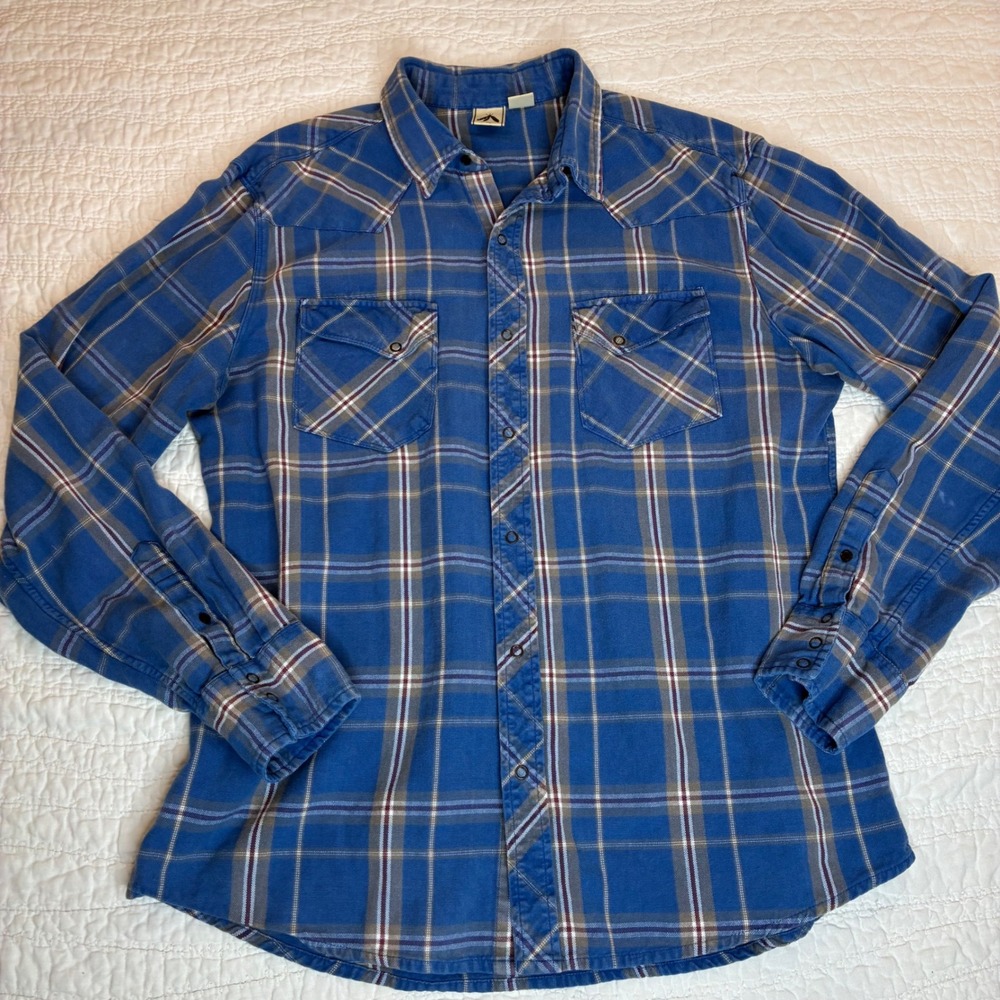 Urban Outfitters Feathers Plaid Western Shirt Men's XL Blue Pearl Snap Flannel